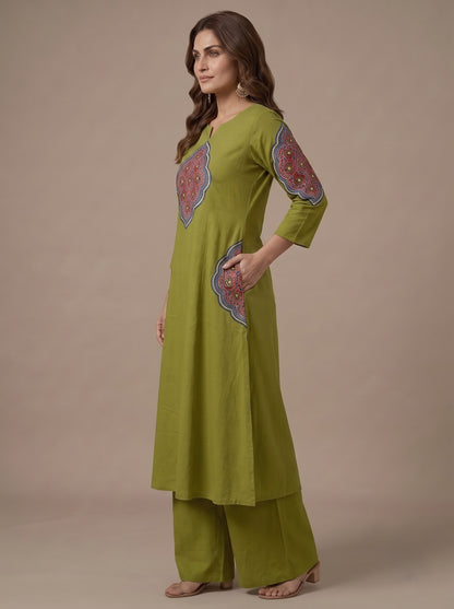 Side View – Olive Green Ajrakh Print A-Line Kurta with Palazzo