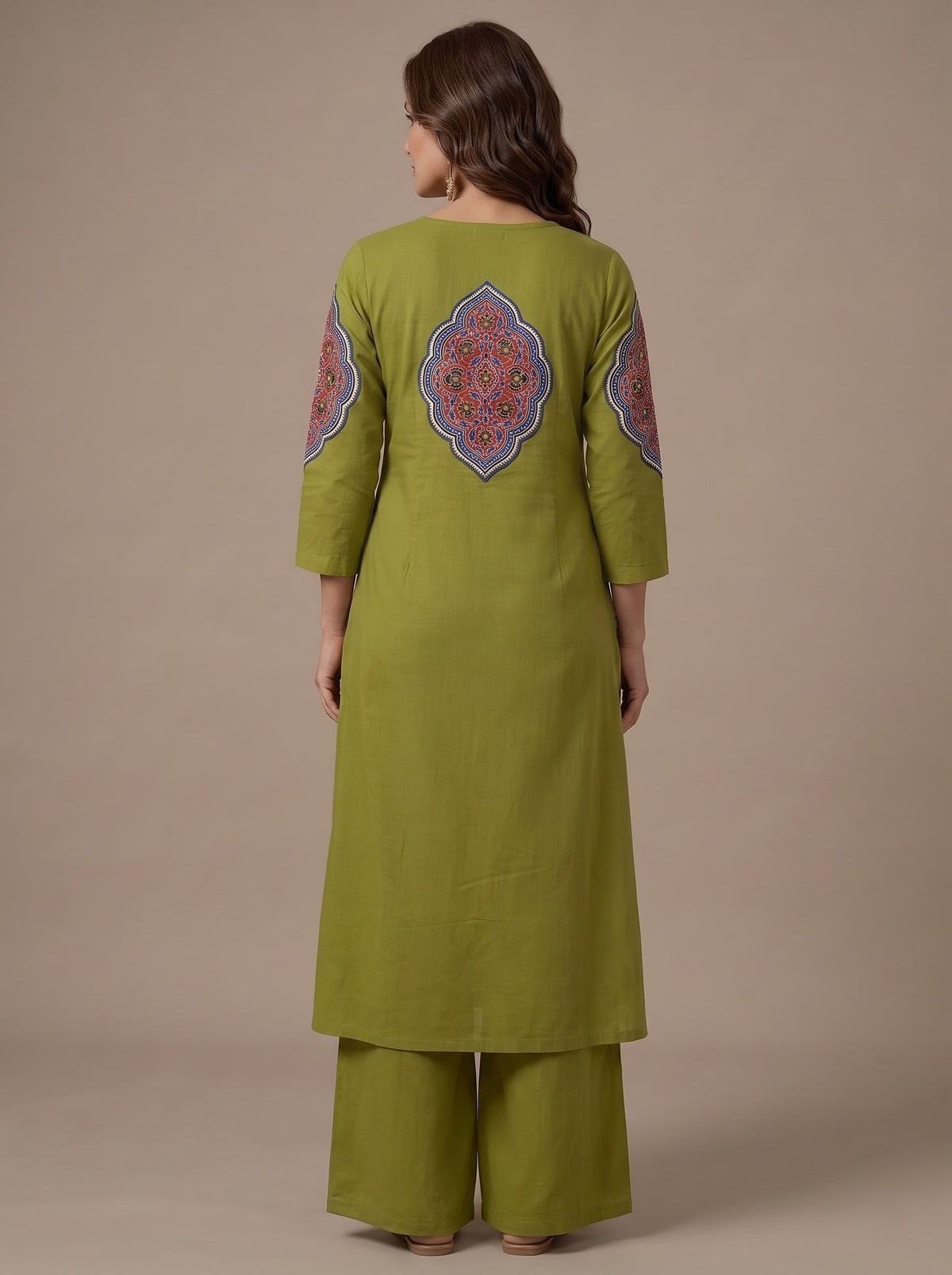 Full Outfit – Olive Green Cotton A-Line Ajrakh Kurta Set