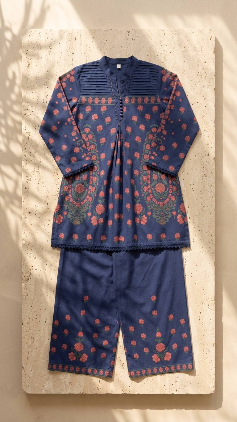 Cotton Slub Flared Co-Ord Set with Floral Print, Pleated Design & Handwork
