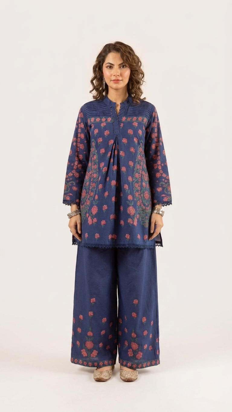 Cotton Slub Flared Co-Ord Set with Floral Print, Pleated Design & Handwork