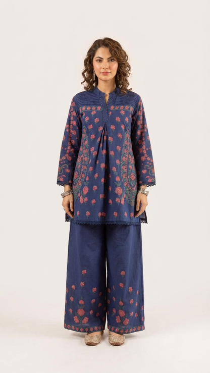 Cotton Slub Flared Co-Ord Set with Floral Print, Pleated Design & Handwork