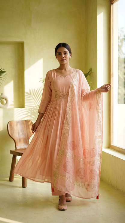 Premium Mal Chanderi Flared Kurta Set with Handwork Yoke & Silk Dupatta
