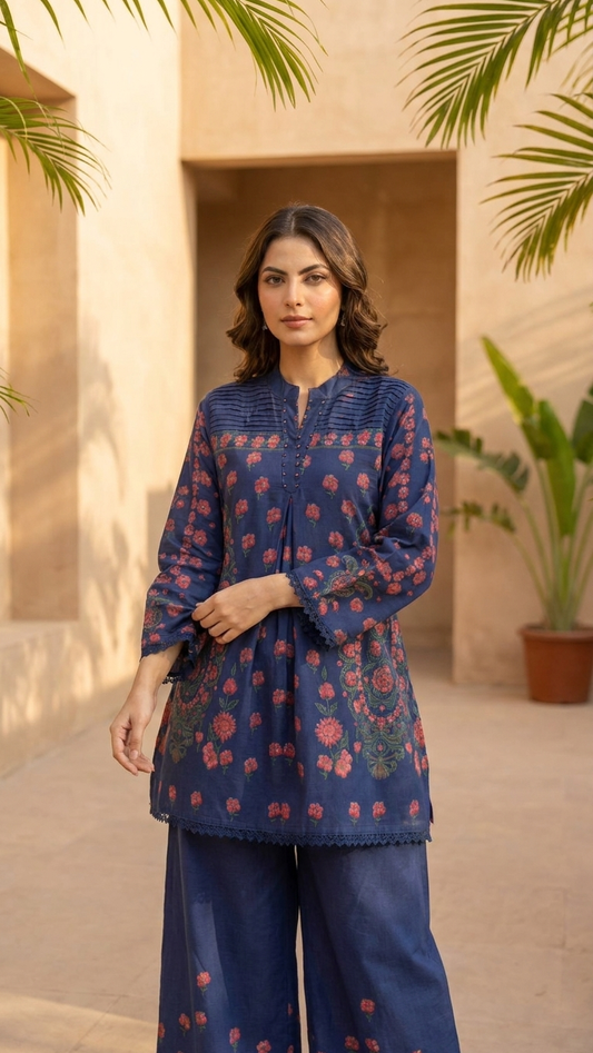 Cotton Slub Flared Co-Ord Set with Floral Print, Pleated Design & Handwork