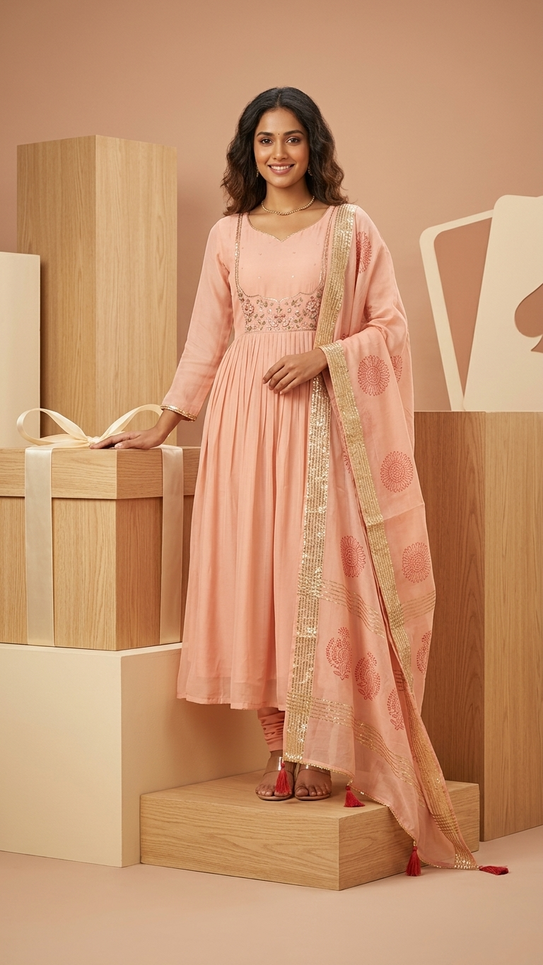 Premium Mal Chanderi Flared Kurta Set with Handwork Yoke & Silk Dupatta