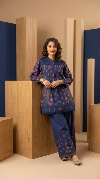 Cotton Slub Flared Co-Ord Set with Floral Print, Pleated Design & Handwork