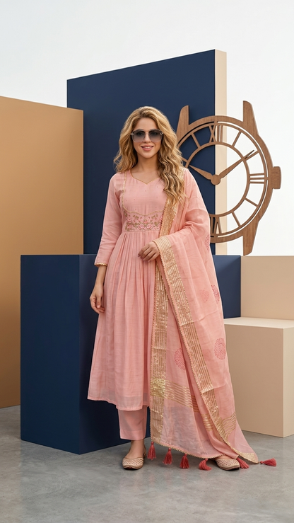 Premium Mal Chanderi Flared Kurta Set with Handwork Yoke & Silk Dupatta