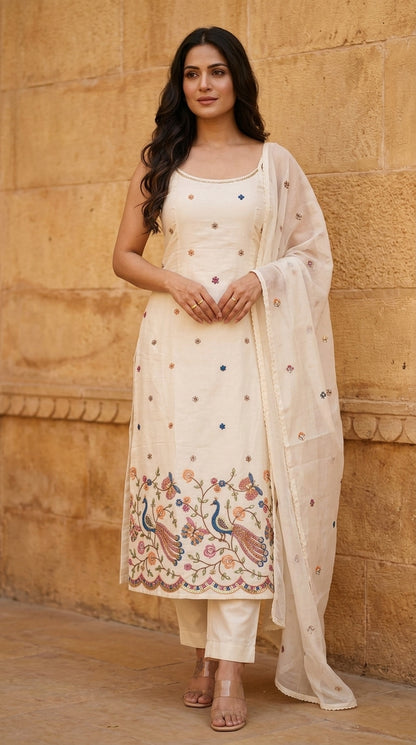 Designer Spaghetti Strap Kurta Set with Beads & Cutdana Handwork | Embroidered Cotton Kurta with Plazzo & Dupatta