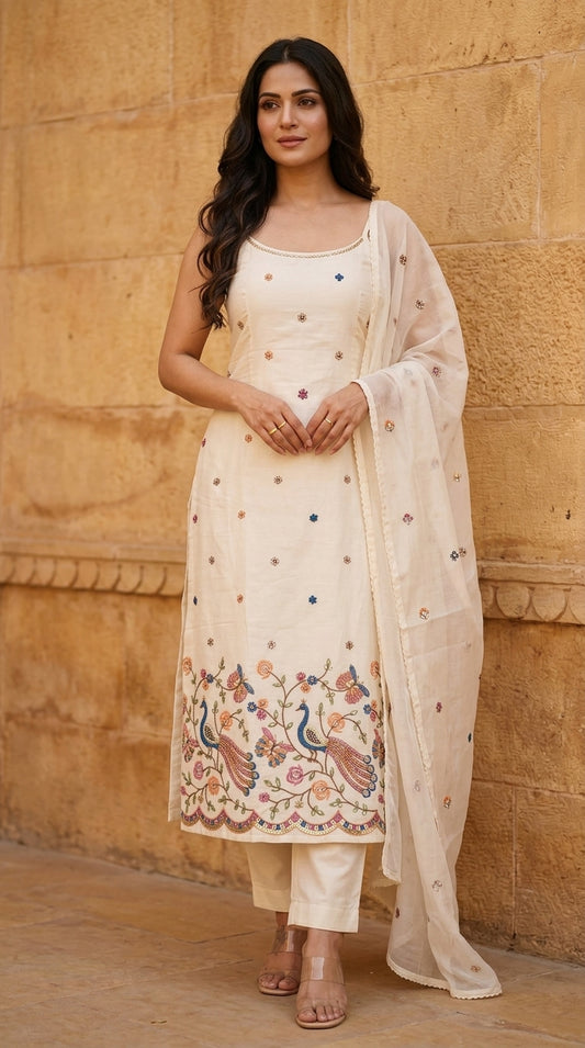 Designer Spaghetti Strap Kurta Set with Beads & Cutdana Handwork | Embroidered Cotton Kurta with Plazzo & Dupatta