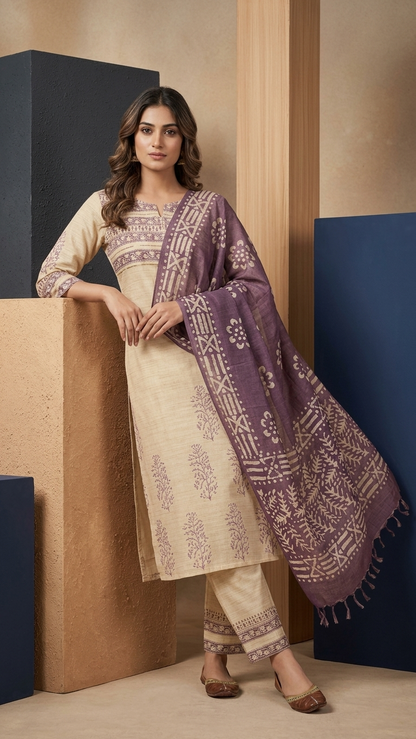 Beige Cotton Silk Kurta Set with Block Print, Printed Dupatta & Straight Pants