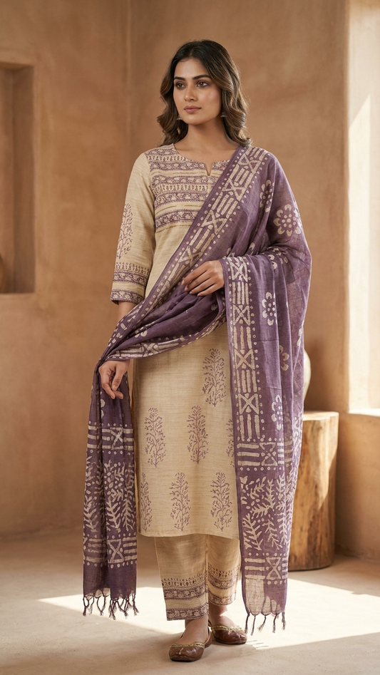 Beige Cotton Silk Kurta Set with Block Print, Printed Dupatta & Straight Pants