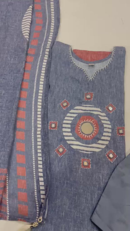 Blue Linen Kurta Set with Mirror Work & Geometric Print Dupatta