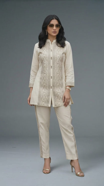 Premium Ivory Cotton Embroidered Co-Ord Set