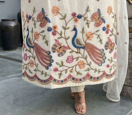 Designer Spaghetti Strap Kurta Set with Beads & Cutdana Handwork | Embroidered Cotton Kurta with Plazzo & Dupatta