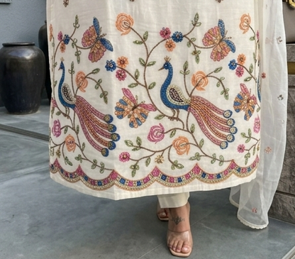 Designer Spaghetti Strap Kurta Set with Beads & Cutdana Handwork | Embroidered Cotton Kurta with Plazzo & Dupatta